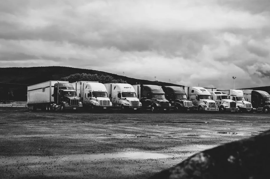 Row of parked semi trucks in a rainy lot, captured in a dramatic black and white setting.