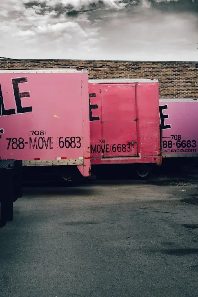 Pink moving trucks parked in a Chicago alley, showcasing urban industrial vibes.